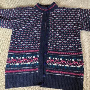 Compliments Vintage Wool Cardigan Knit Rare Medium Navy Pink Teal and Cream